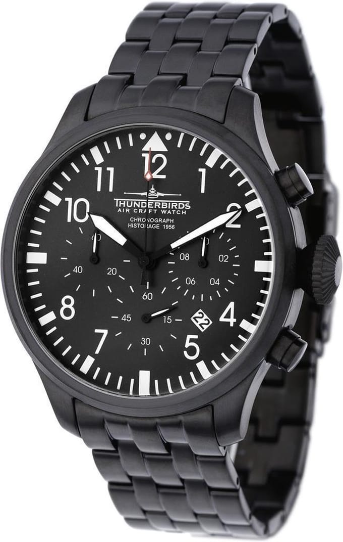 Thunderbirds CHRONO Zwart Fliegeruhr Chronograaf Horloge Quartz 47mm