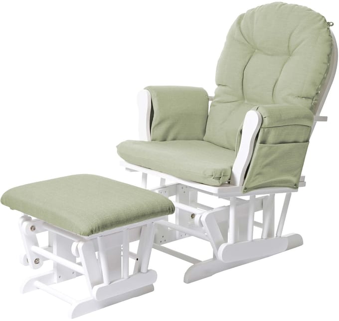 Relaxfauteuil MCW-C76, schommelstoel met kruk ~ stof/textiel, lichtgroen, frame wit