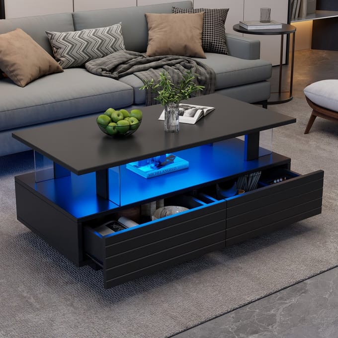 Sweiko Salontafel - LED Verlichting - Acryl Scheidingswand - Bluetooth Appbediening - Zwart