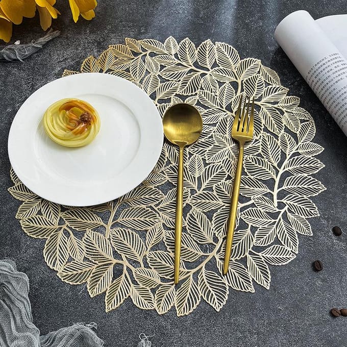 Set de 6 sets de table ronds 15 pouces Feuille d'or Antidérapants Lavables Sets de table pour DînerFêteMariage Accent de Centre de Table pour la Maison 38cm&Round gray