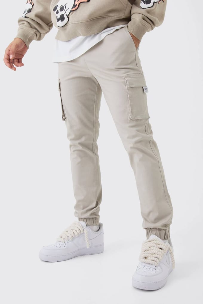 Slim Fit Cargo Broek met Elastische Taille, Geweven Tab en Boord | Stone | Size Medium