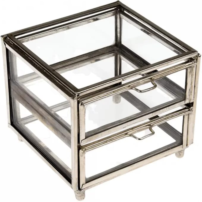 Doos van glas en zilverkleurig messing, 2 laden Rex London
