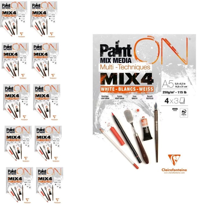 Clairefontaine - Paint ON - Multi-Techniek Pad - Tekenpapier - Schilderpapier - 4 papierstructuren - A5 - 12 vel - 10 stuks