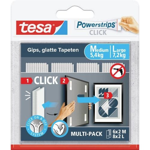 tesa Klittenband pads powerstrips click groot en klein aan/uit kliksysteem zonder boren – 6x2M 8x2L