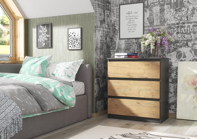 Pro-meubels - Ladekast Norton - Antraciet - Eiken - 70cm - 3 lades - Opbergkast - Commode