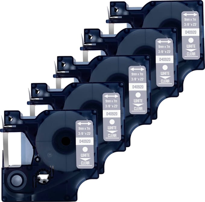 DULA Dymo D1 40920 Compatible label tape - 5 lettertapes - Wit op transparant - 9mm x 7m