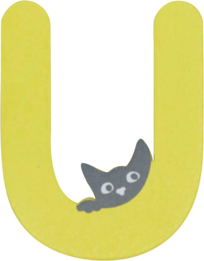 Houten Letter U Geel met Kat | 9 cm