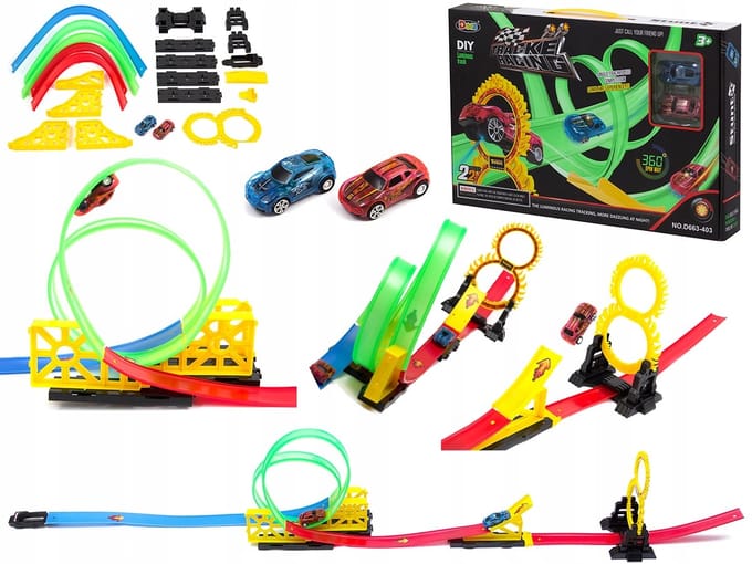 Bajkowy Kuferek - Racebaan met 2 Loopings - 360 Graden Lanceerplatform - Inclusief 2 Auto's