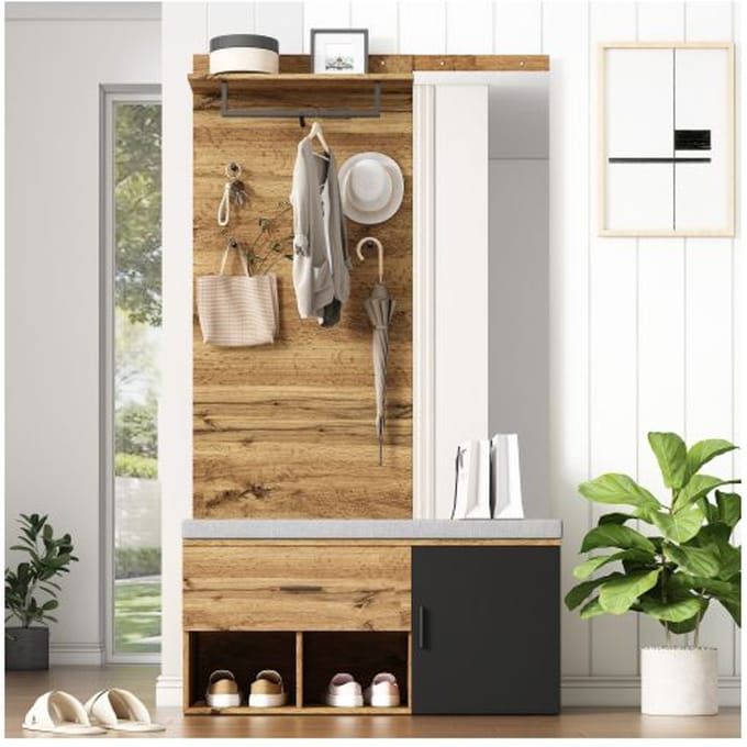 Meuble d’entrée - MUVOE - Ensemble vestiaire - Miroir inclus - Banc à chaussures - Design moderne