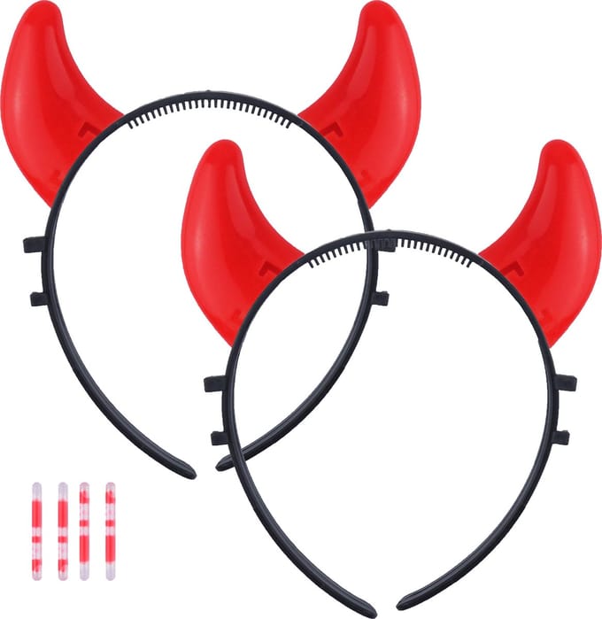Halloween duivel hoorntjes - 2x - glow in the dark - diadeem - rood - kunststof