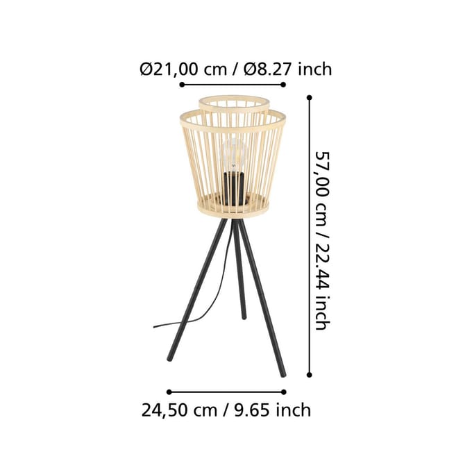 EGLO Hykeham Tafellamp - E27 - 57 cm - Driepoot - Staal|Bamboe - Zwart|Bruin