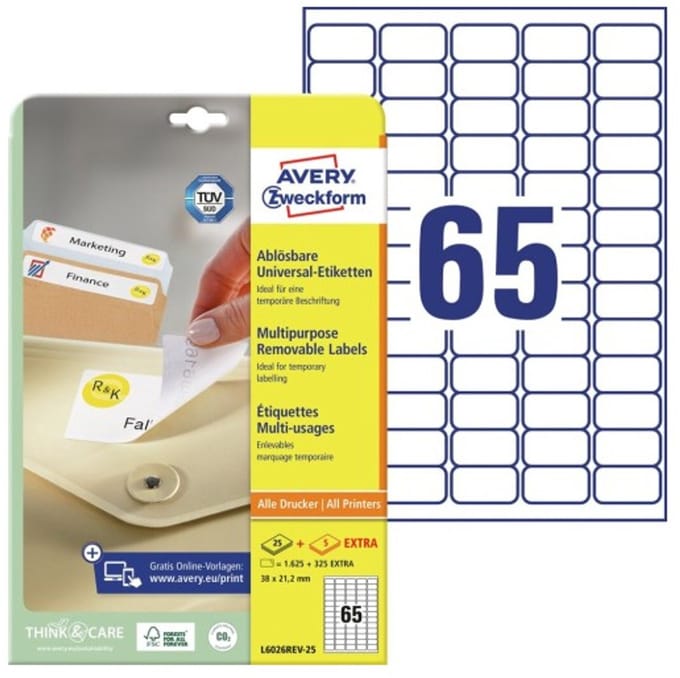 Avery L6026REV-25, Wit, Rechthoek, Verwijderbaar, A4, Universeel, Papier