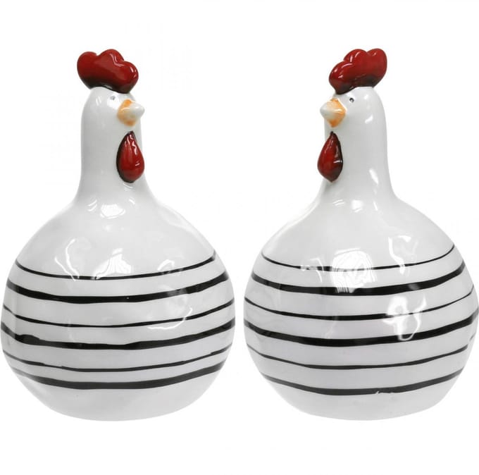 Decoratief kip zwart-wit gestreept keramiek figuur Pasen H17cm 2st, 2