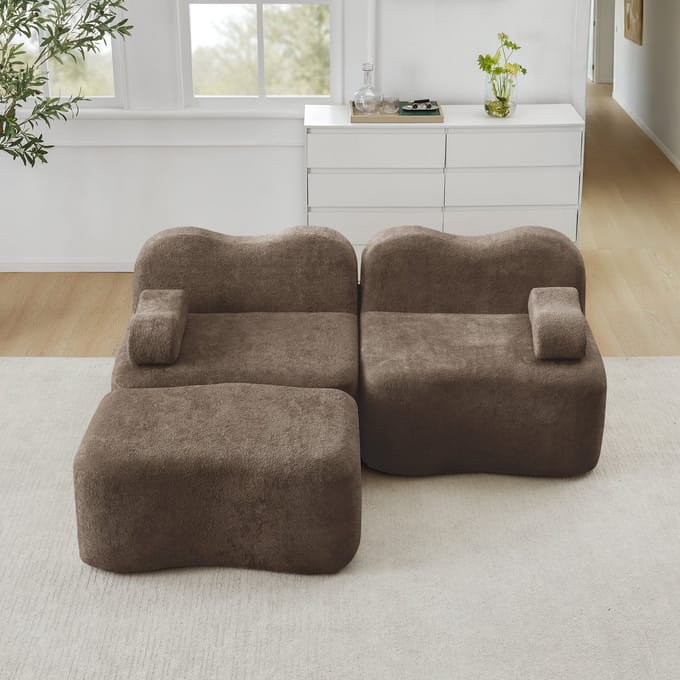 MODFU Modulaire Hoekbank Met Hocker - Golfvorm - Voor Woonkamer - Fluweel - Bruin