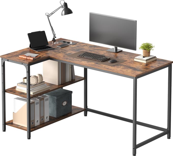 VASAGLE - Bureau - L-vorm Bureau met Opbergruimte - Verstelbare Plank - Met Oplaadstation