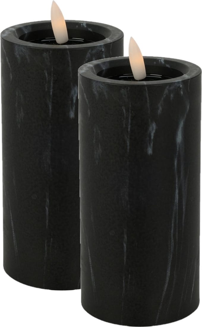 Excellent Houseware LED kaars - 2x -zwart marmer - D7,5 x H15 cm -met timer