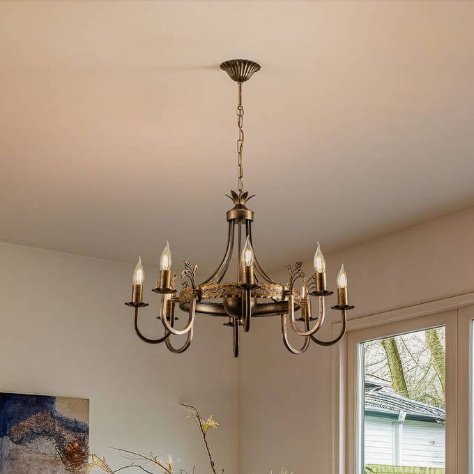 Jupiter Kroonluchter Castle donker met de hand gepatineerd 8-lamps