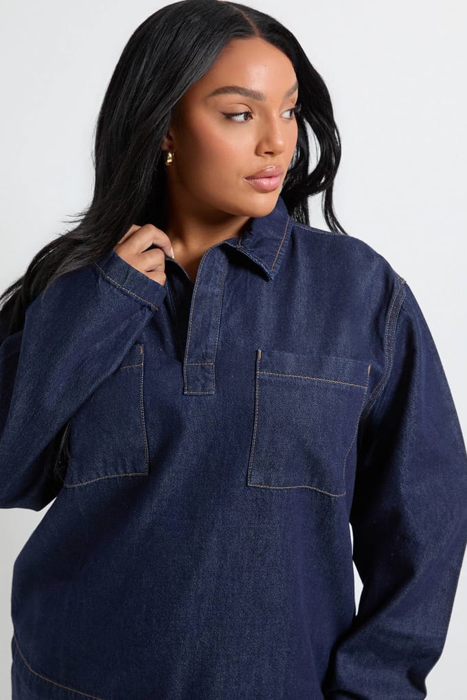boohoo Dames Plus Denim Rugbyshirt met kraag | Indigo | Maat: 16