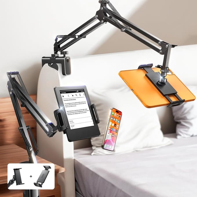 Famanu – Superflexibele tablethouder met lange arm en dubbele klem voor tablet en smartphone