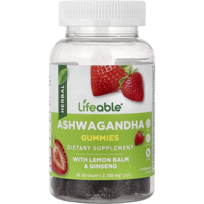 Lifeable, Ashwagandha Gummies, Citroenmelisse, Ginseng en Aardbei, 60 Gummies