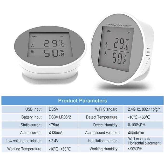 Slimme WiFi-temperatuur-vochtigheidsmonitor Draadloze temperatuur-vochtigheidssensor TUYA APP-melding wit