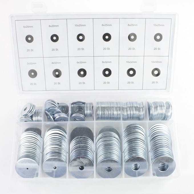 240 dlg sluitringen set verzinkt M2 M4 M6 M8 M10 M12 moerringen assortiment in doos