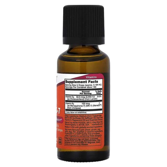 Now Foods - Vloeibare Vitamine D-3 & MK-7, 2500 IE / 100 mcg, 30 ml