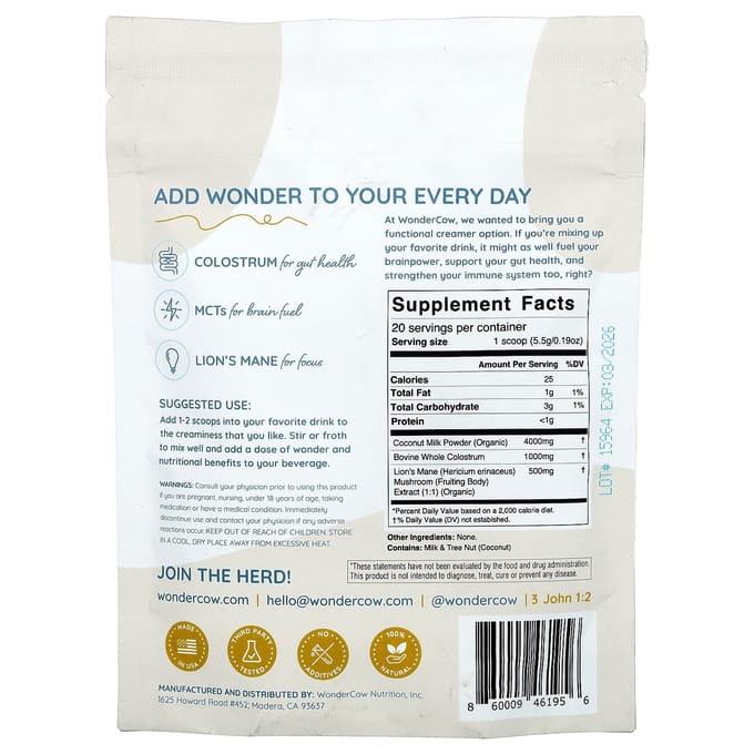 Wondercow, Wondercrème, Colostrum Crèmeer, Ongezoet, 3,88 oz (110 gr)