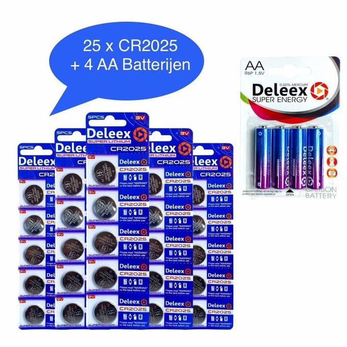 DELEEX CR2025 (5x5 strips) - Totaal 25 Stuks Knoopcel LITHIUM batterijen + 4 stuks AA penlite