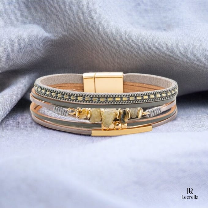 Leerella Echt Leren Multi-Layer Armband Grijs met Magneetsluiting – Boho Dames Armband – 19,5 cm