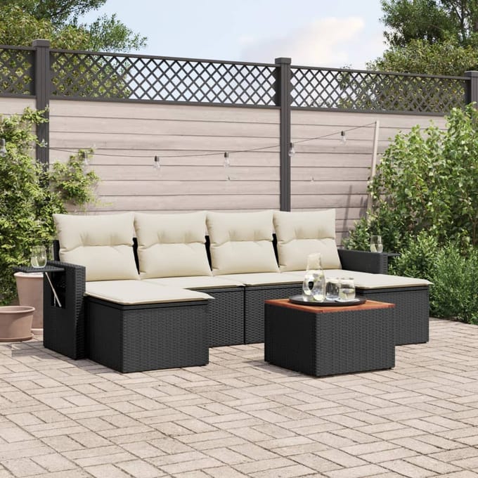 vidaXL - 7-delige - Loungeset - met - kussens - poly - rattan - zwart