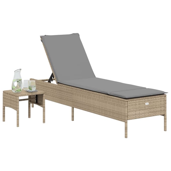 vidaXL - Ligbed - met - tafel - en - kussen - poly - rattan - beige