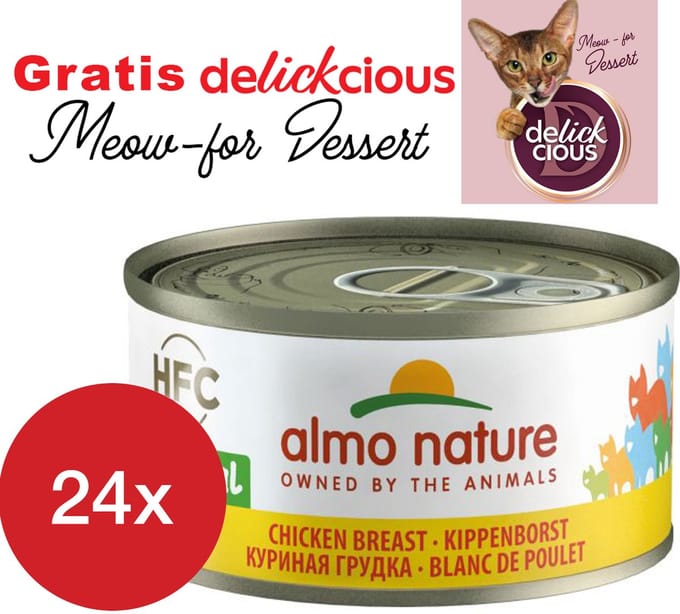 Almo Nature kippenborst 24 x 70 gram met GRATIS Delickcious dessert