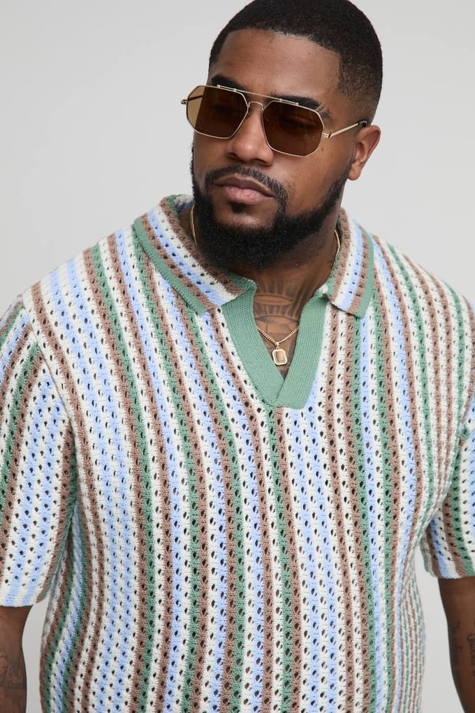Plus Stripe Crochet Regular Fit Polo Shirt | Khaki | Size 2XL