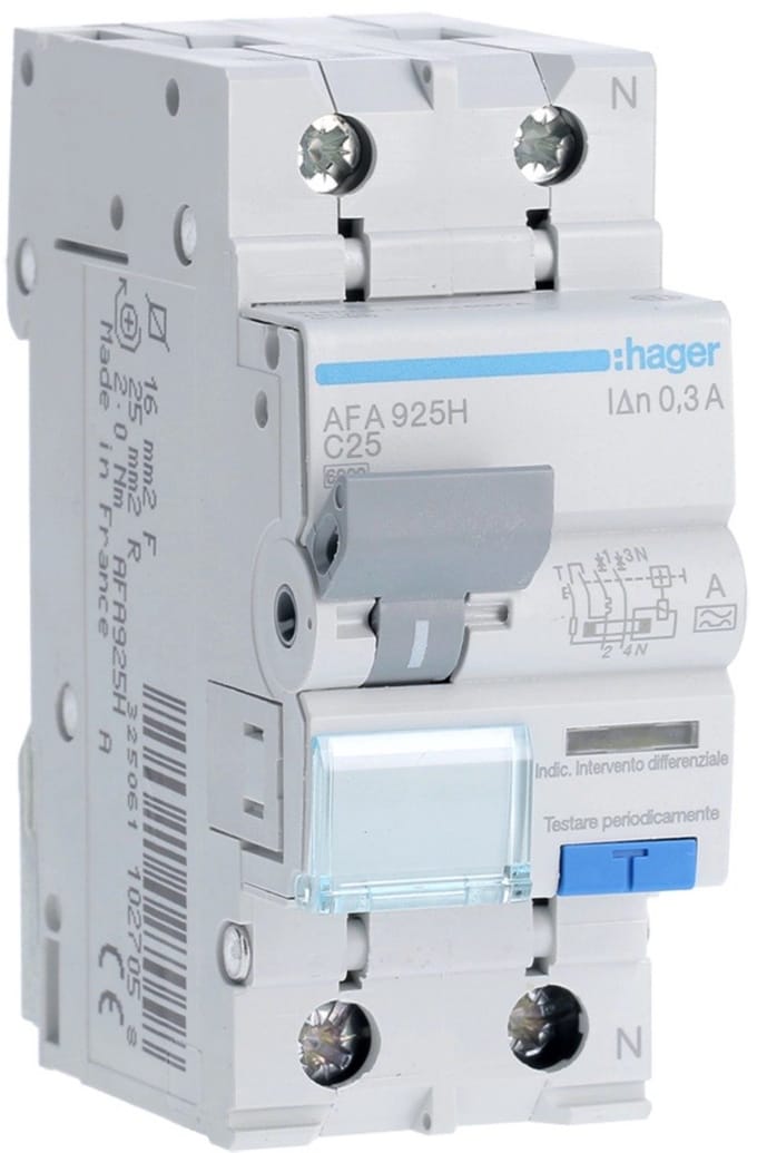 Hager HACO aardlekautomaat 25A 300mA type A 1P+N C-kar 6kA DIN-rail (AFA925H)