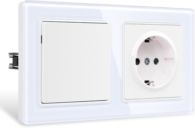 Dubbele Wandschakelaar met Stopcontact Wit - Inbouwmodel met Glazen Frame
