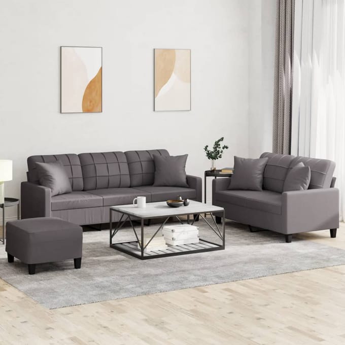 vidaXL - 3-delige - Loungeset - met - kussens - kunstleer - grijs