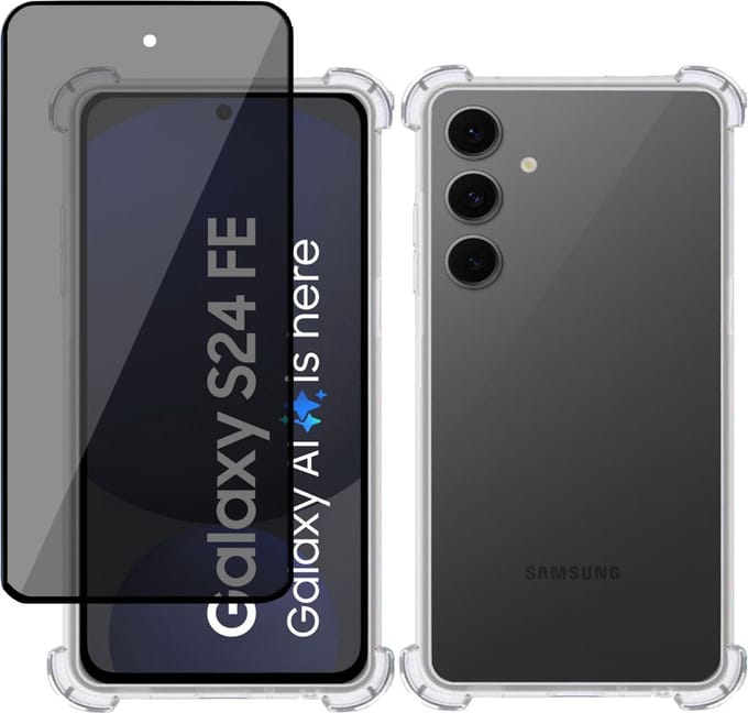 Hoesje + Privé Screenprotector geschikt voor Samsung Galaxy S24 FE – Privacy Tempered Glass - Case Transparant