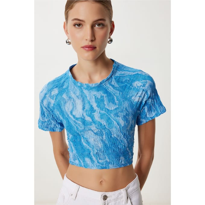 Abstracte Print Korte Mouw Slim Fit Crop Blouse