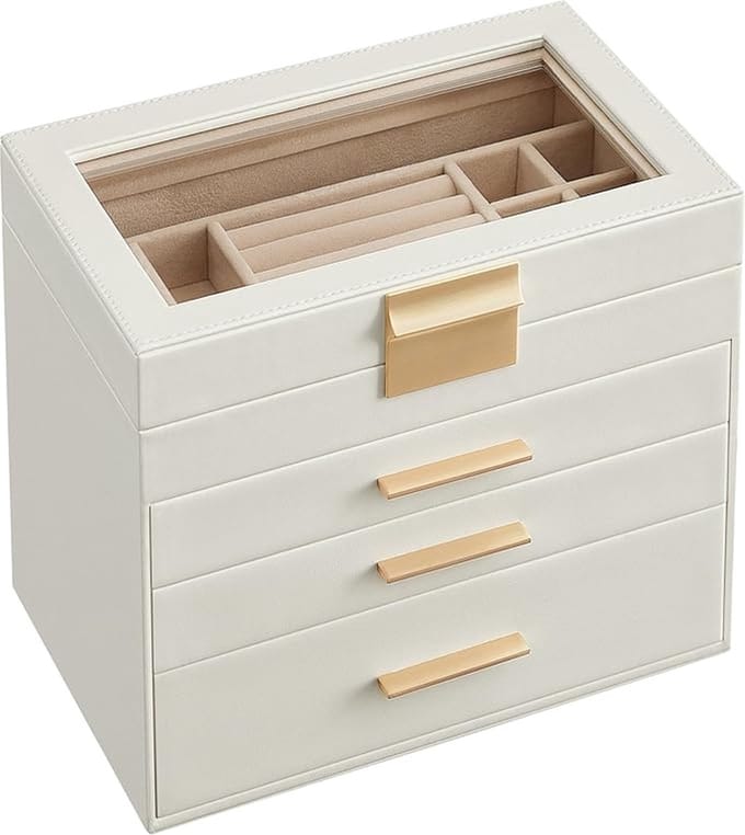 MAZAZU Sieradendoos - Juwelendoos - Sieraden Organizer Kunstleer en Glas - 15,3x25,1x21,5 cm