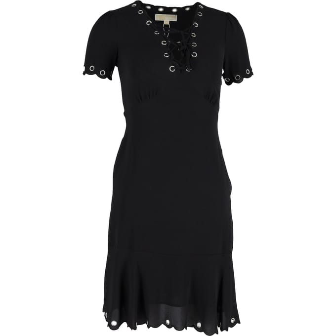 Michael Kors jurk met oogjes en vetersluiting, geschulpte rand, in zwart polyester