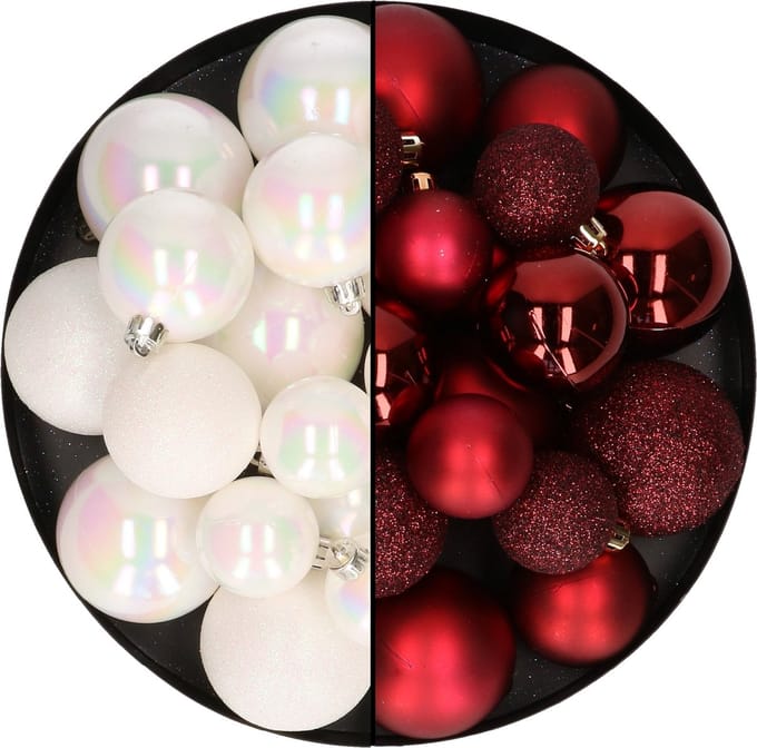 Kerstballen 60x stuks - mix donkerrood/parelmoer wit - 4-5-6 cm - kunststof - kerstversiering