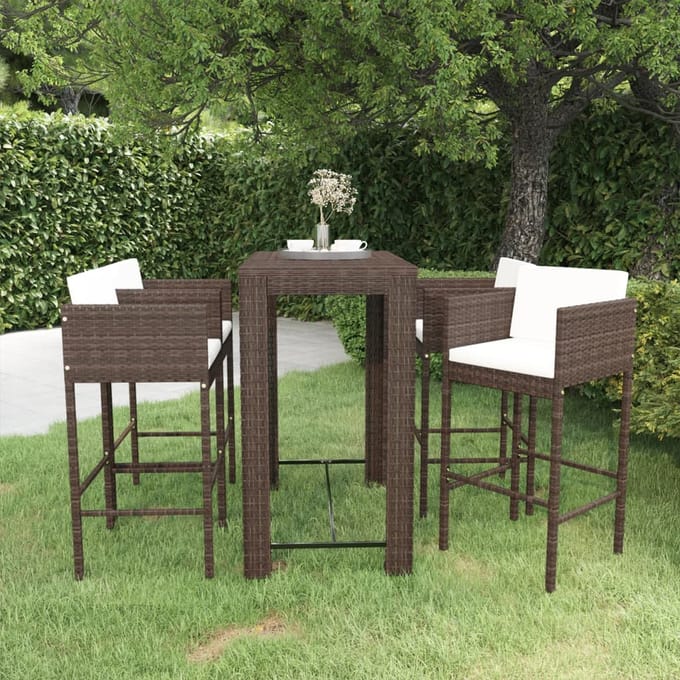 vidaXL - 5-delige - Tuinbarset - met - kussens - poly - rattan - bruin