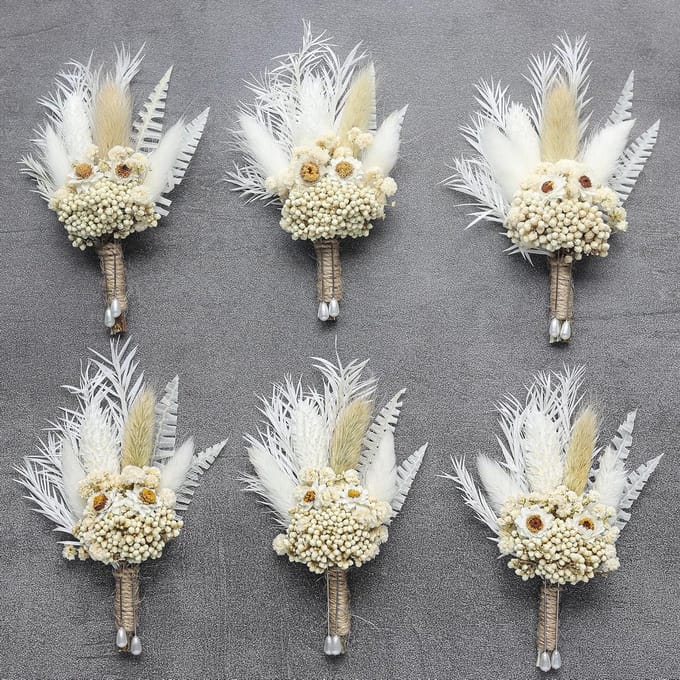 Gedroogde Bloem Boutonniere - Corsage Set - Bruiloft Accessoire - Echte Gedroogde Bloemen - 6 stuks - Wit
