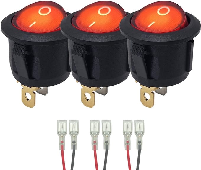 ProRide Wipschakelaar ON-OFF KCD2-220 - met Aansluitkabels - Rond - 3 pins - 250V/6A - Rood - 3 stuks