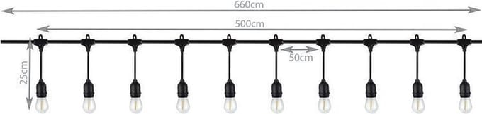 Prikkabel met hanglampen - 5 meter - 10 lampen - Warm wit - 24V