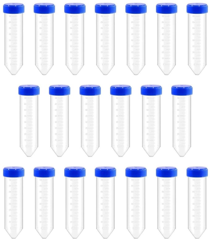 Set van 20 Plastic Conische Testbuizen voor Laboratoriumexperimenten, 50 ml met Schroefdoppen en Stepped Design