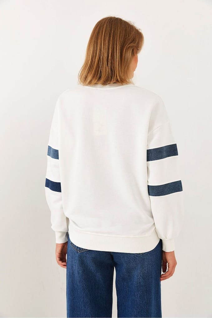 Gestreepte Geborduurde Ronde Hals Sweatshirt