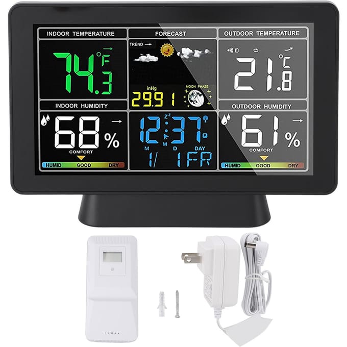 Thermomètre sans fil 7,5 pouces intérieur extérieur, écran couleur à rétroéclairage réglable, humidité, température gray