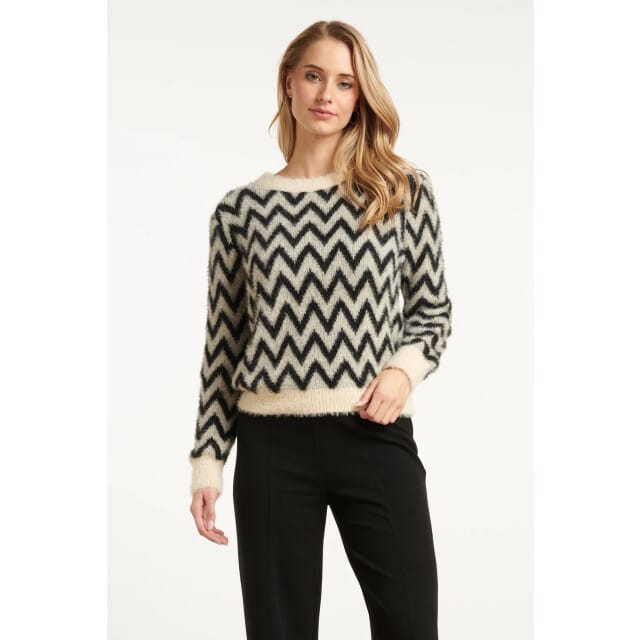 Smashed Lemon Zwart, grijs en offwhite gebreide top met zigzagprint |